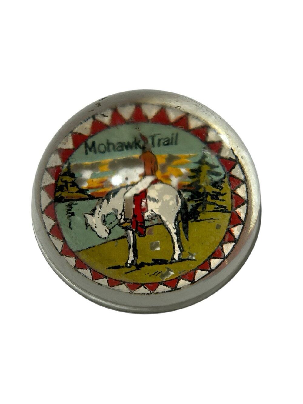 Vtg Glass Dome Paperweight Souvenir Mohawk Trail Native American on Horse 3"